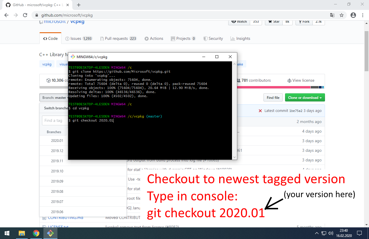 Type in console: git checkout 2020.01