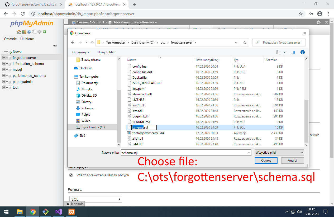 Choose file: C:\ots\forgottenserver\schema.sql