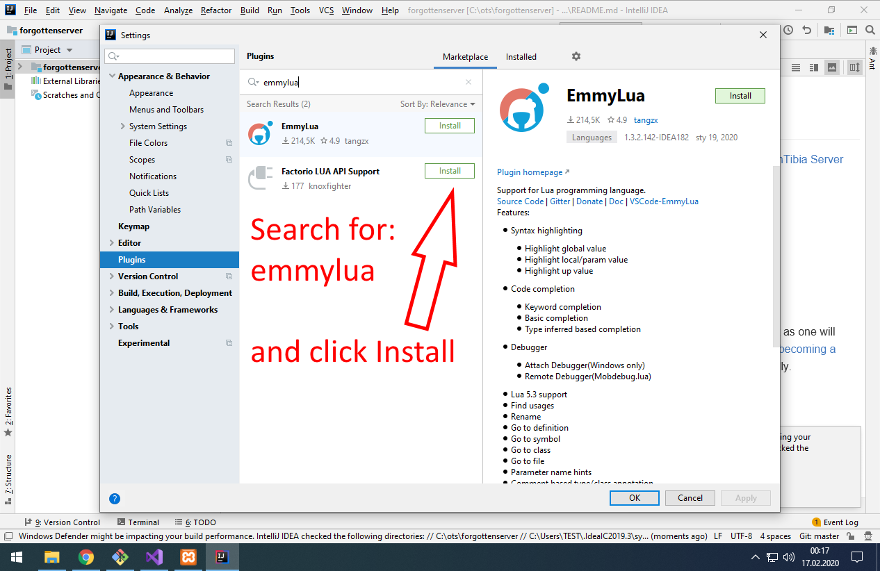 Go to Plugins and install EmmyLua