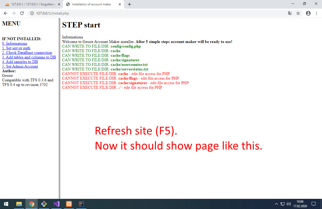 Refresh site. Error about IP should disappear. There will be probably some errors about cache folder.